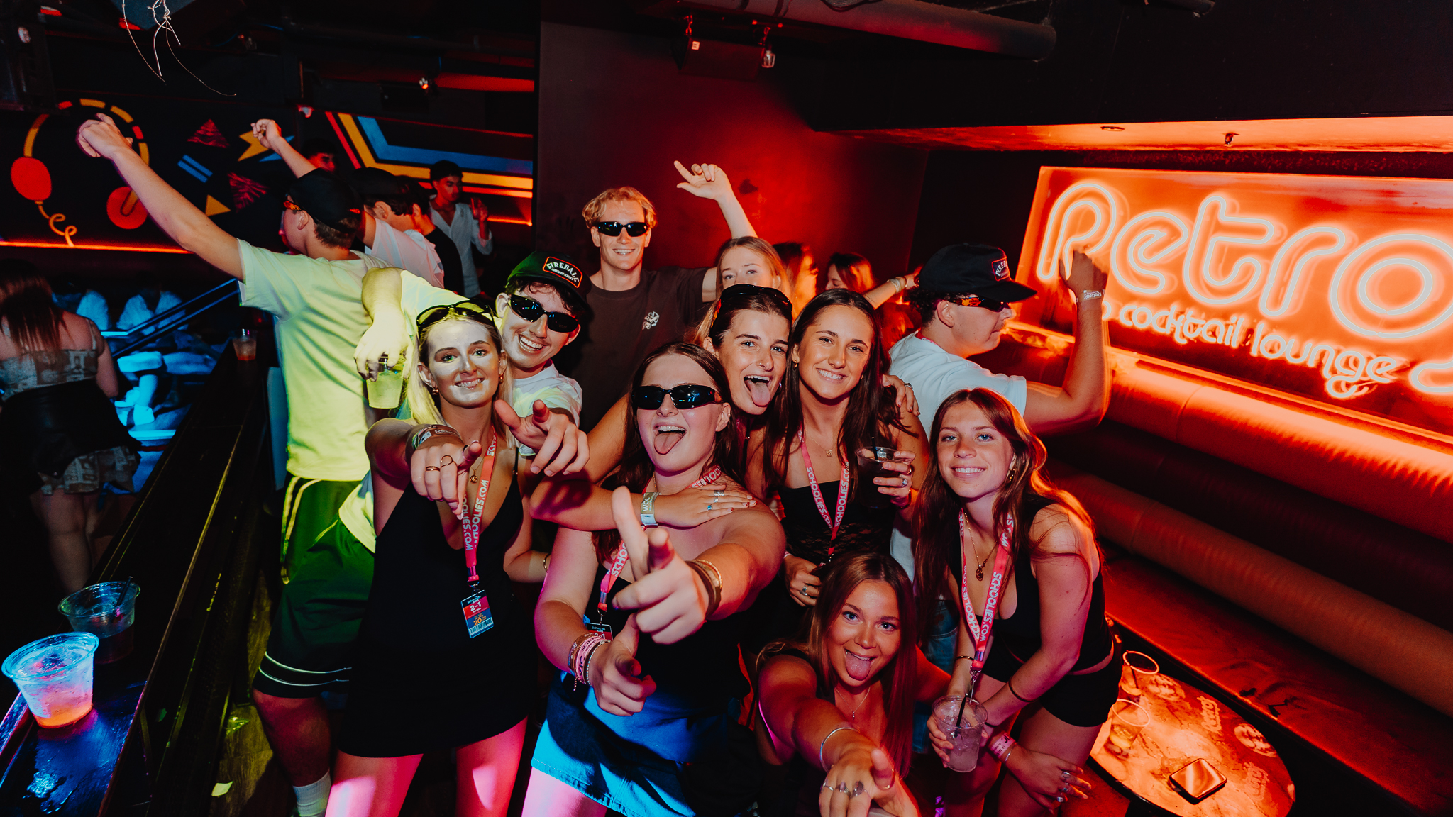 Group enjoying a themed night at Retros, Gold Coast